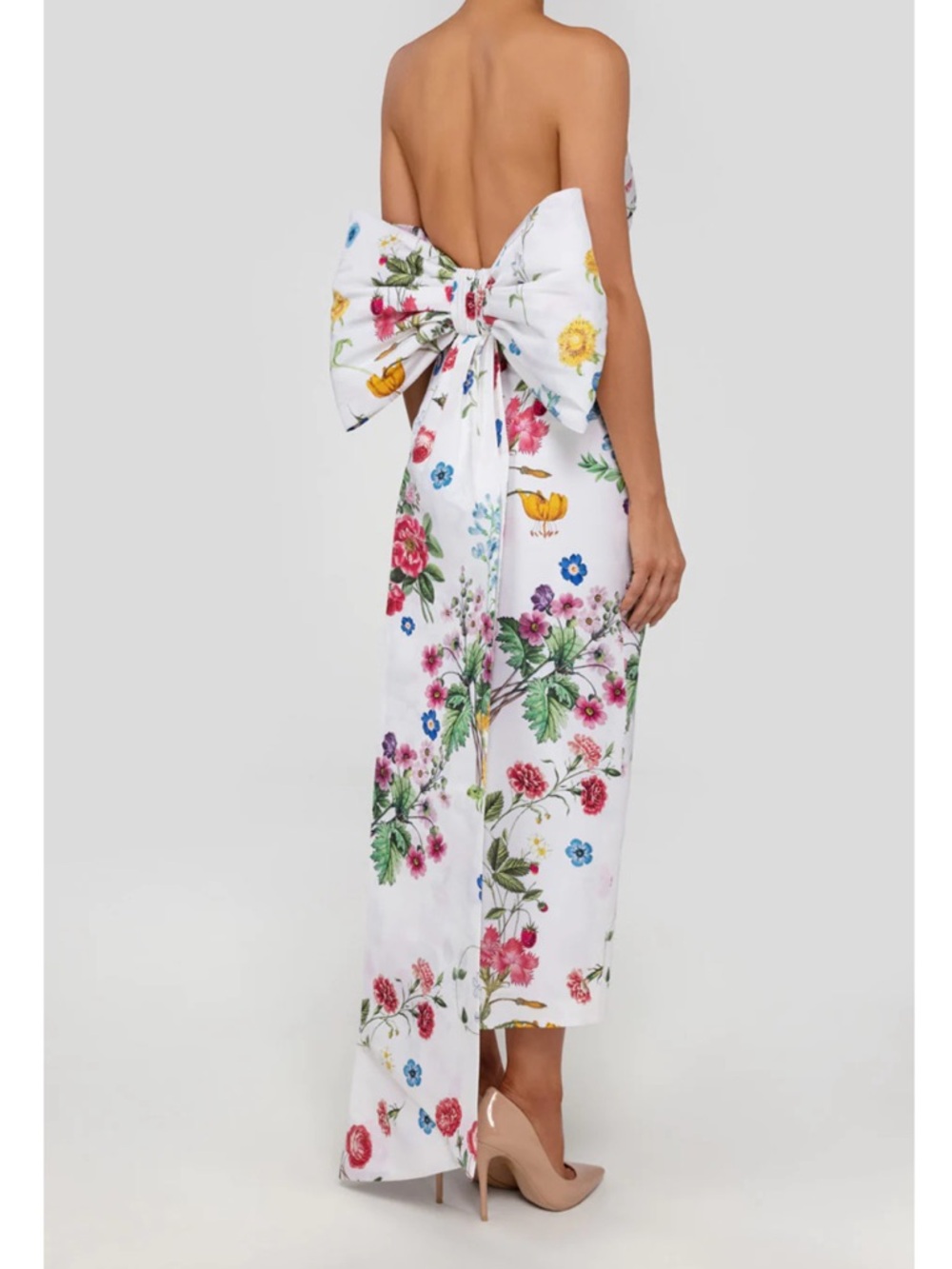 Strapless White Floral Midi Dress with Side Tie